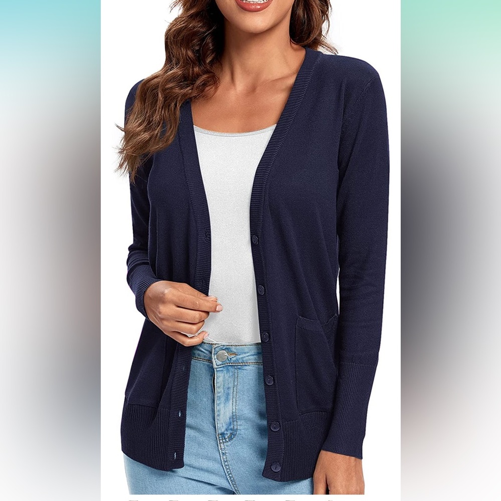 Urban CoCo Button Down Lightweight Knit Cardigan w/Pockets - XL - Navy Blue